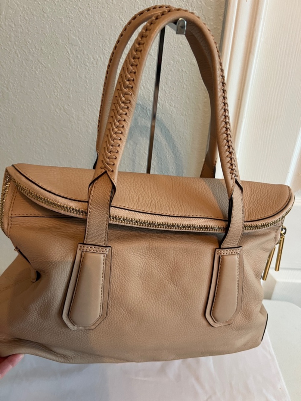 henri bendel Beige Leather Shoulder Tote with Braided Handles